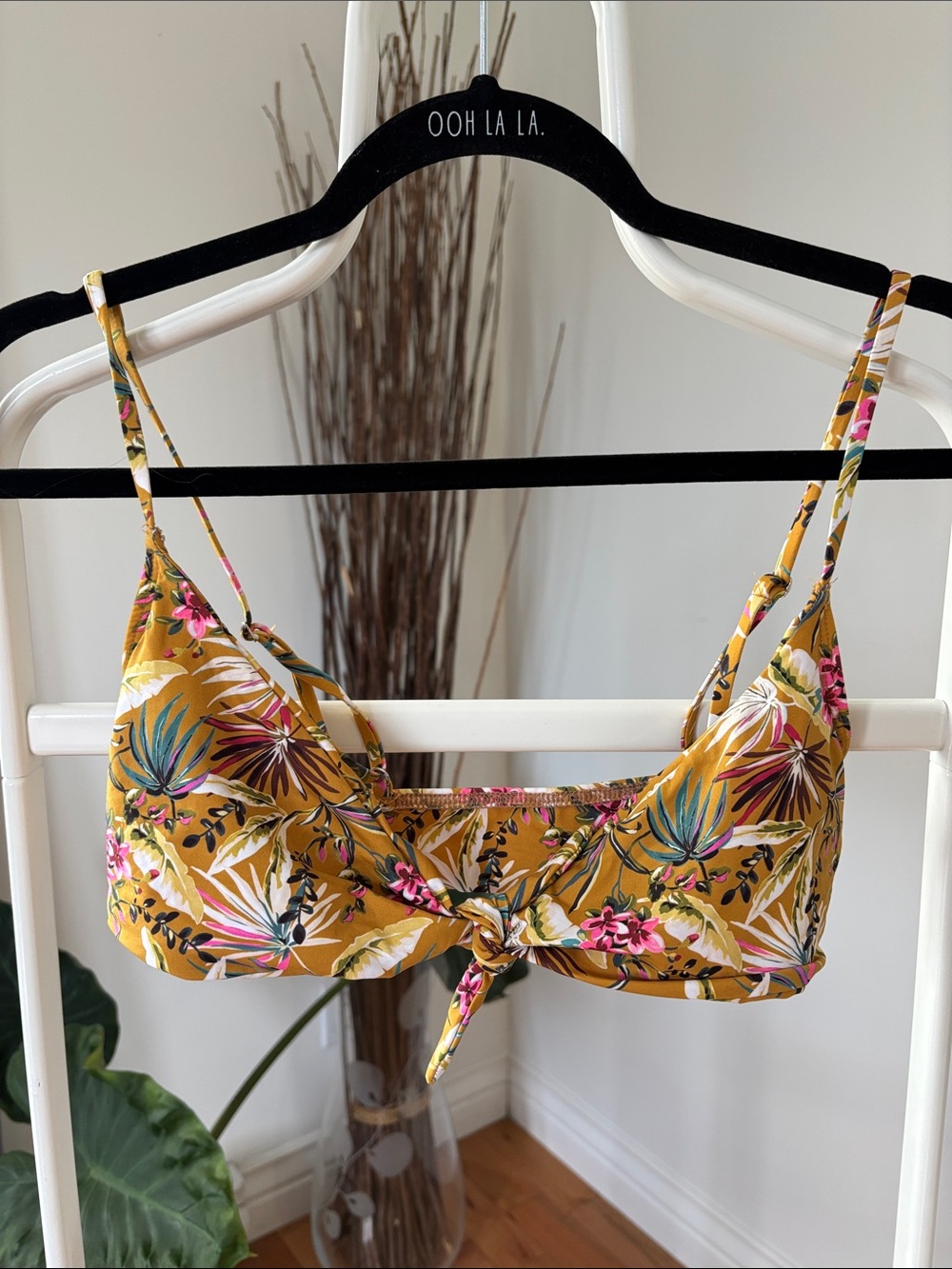 Women's Floral Tie-Front Bikini Top - Mustard Yellow